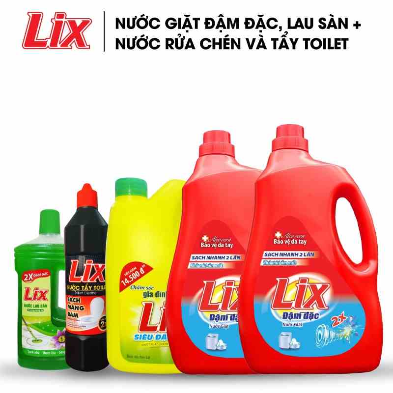 Combo 17 gồm 5 món LIX (2 chai nước giặt hương hoa 2kg, NLS nắng hạ 1 lít, NRC đậm đặc chanh 1.4kg, Nước tẩy toilet 1kg)