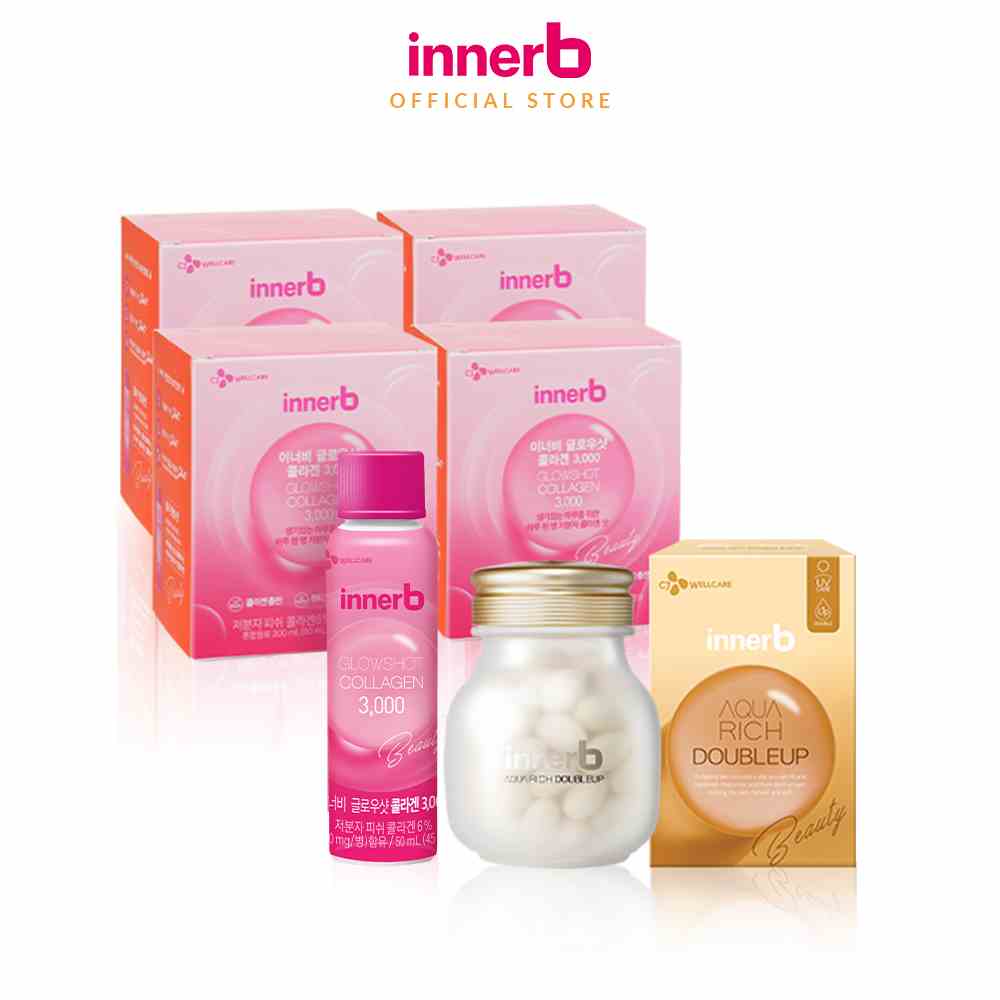 Combo giữ ẩm da sáng mịn InnerB Aqua Rich DoubleUp & 4 hộp Collagen InnerB Glowshot