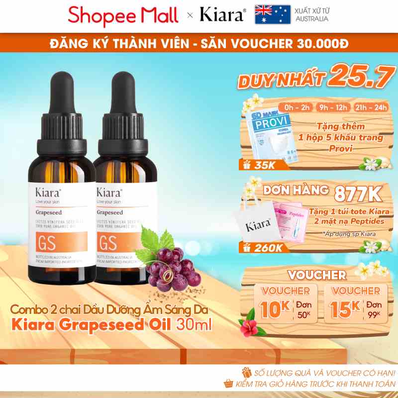 Combo 2 chai Dầu dưỡng ẩm mờ thâm mụn sáng da Kiara Grapeseed Oil 2 x 30ml