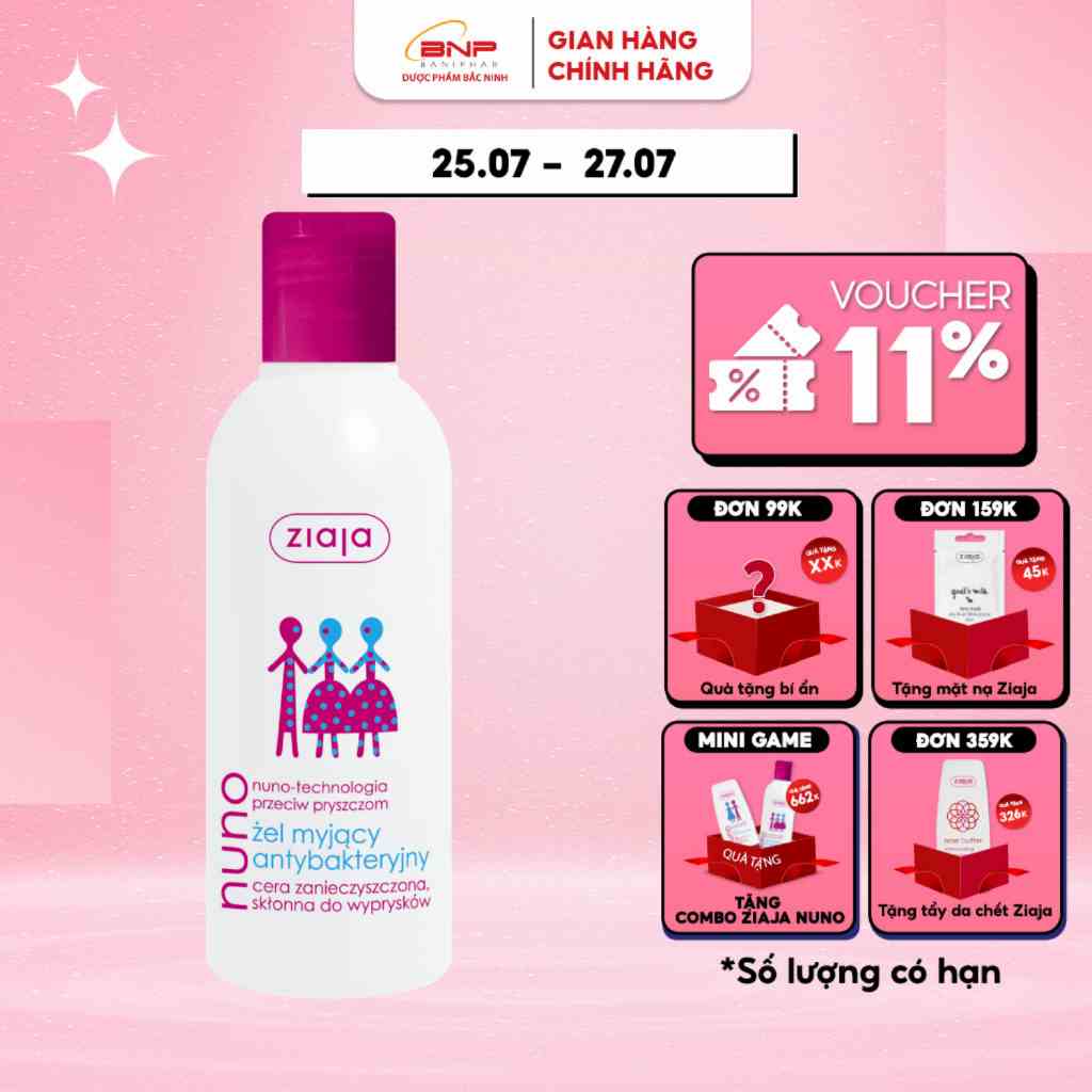 Sữa rửa mặt dạng gel ngừa mụn trắng da Ziaja Nuno cho da dầu và da hỗn hợp, không gây kích ứng 200ml