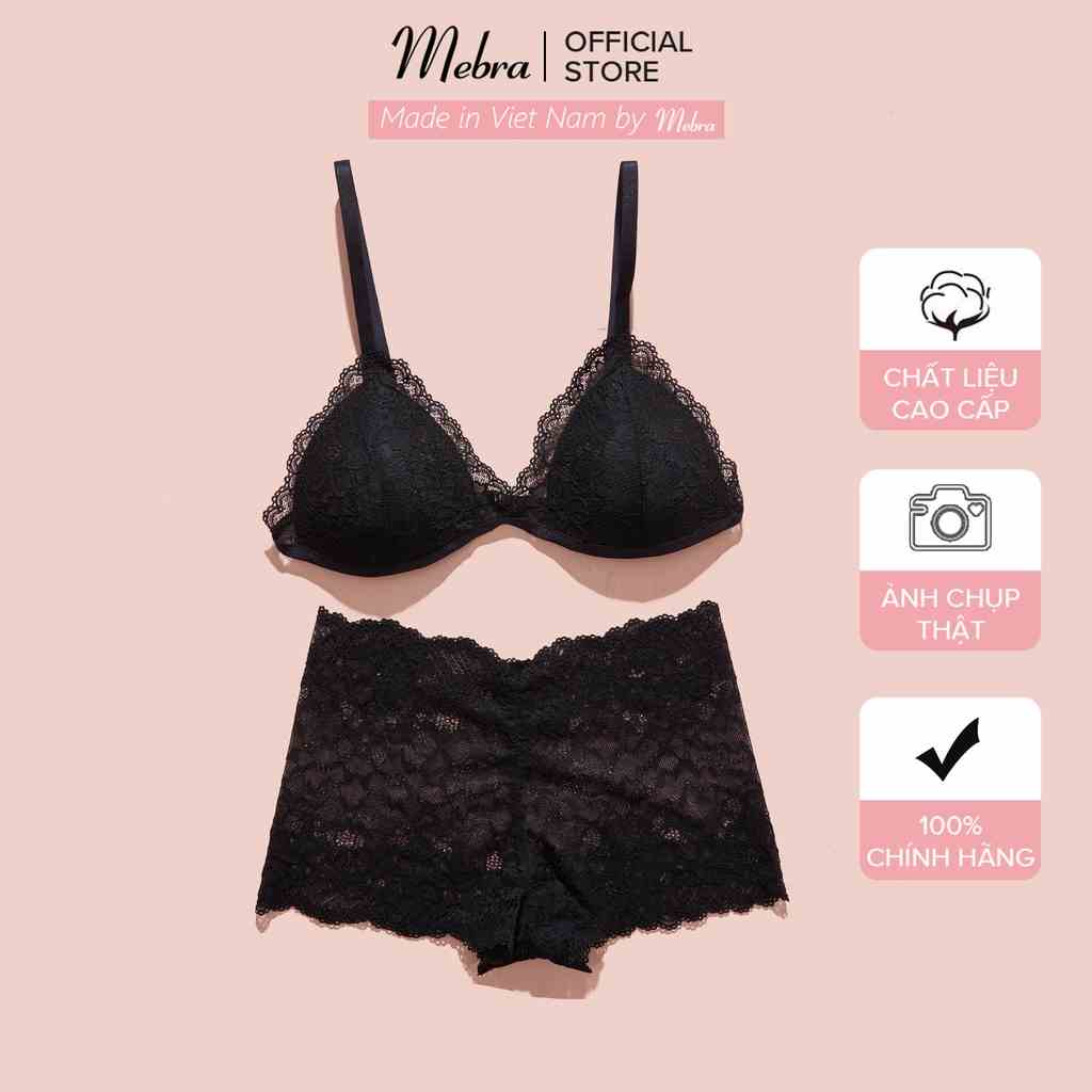 Set bralette ren hoa đen không gọng đệm mỏng kết hợp quần boxer thiết kế bởi Mebra A104