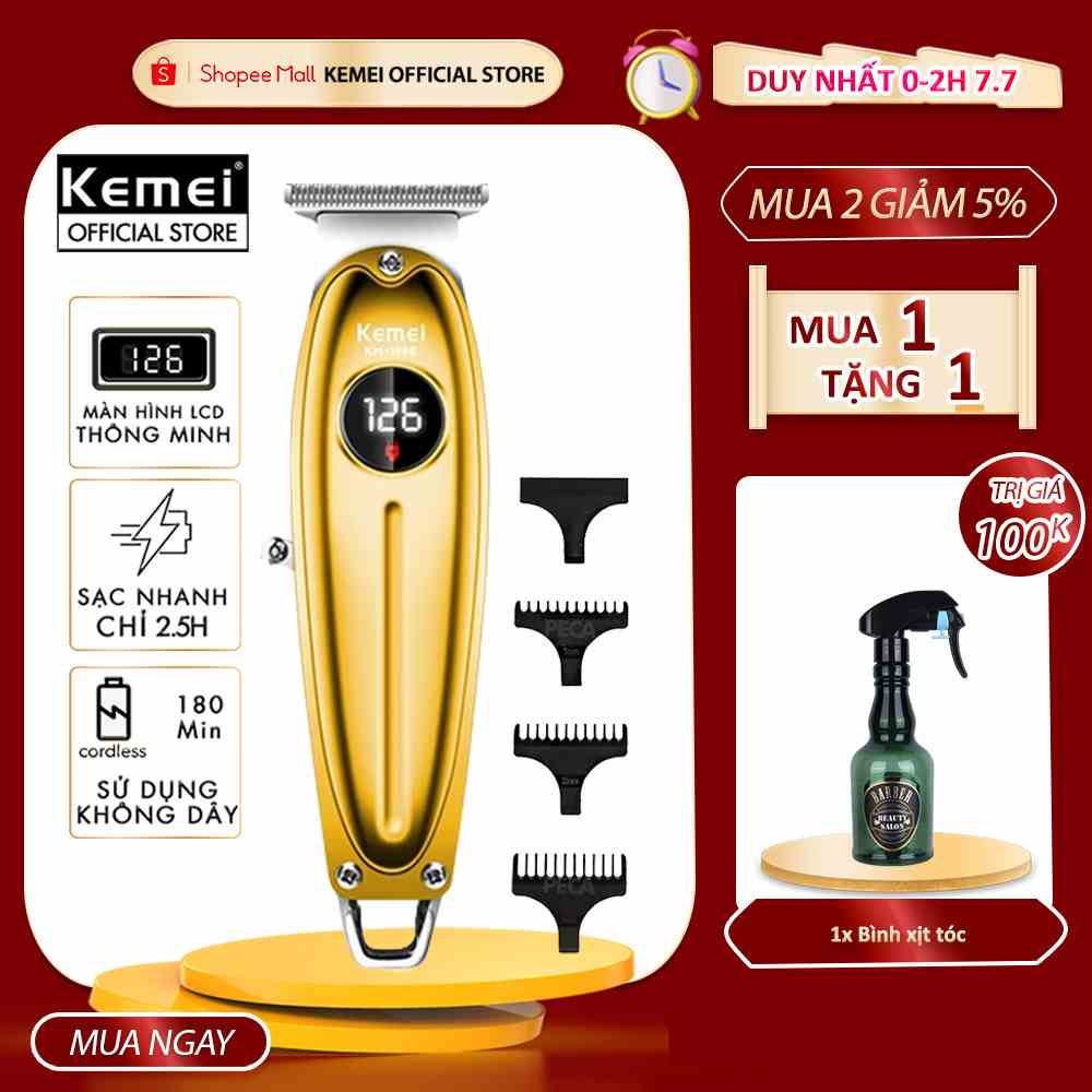 Tông đơ chấn viền không dây Kemei KM-1948 màn hình LCD sạc USB có thể khắc tóc tatoo, cạo trắng, cạo viền