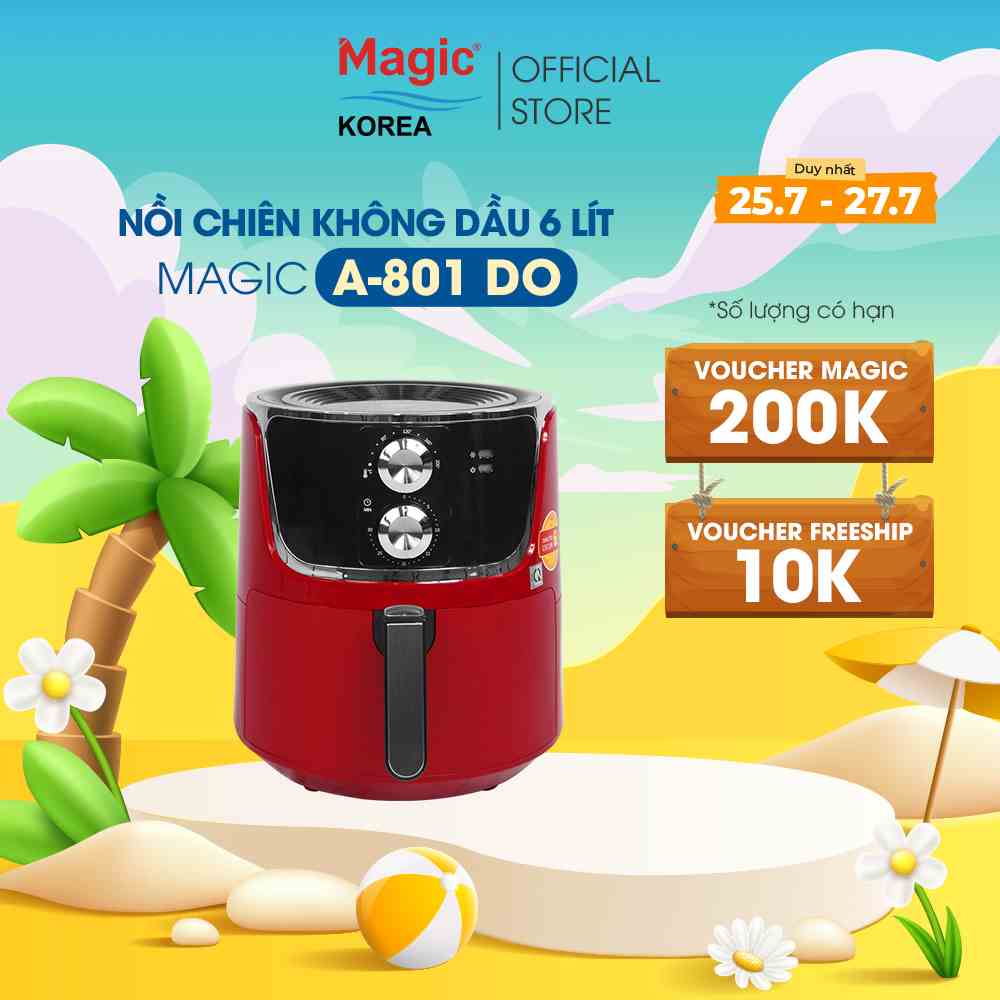 Nồi chiên không dầu Magic Korea A-801 Đỏ 6L cho gia đình 6-8 người, chiên nướng nguyên con gà 1.8kg- Hàng chính hãng