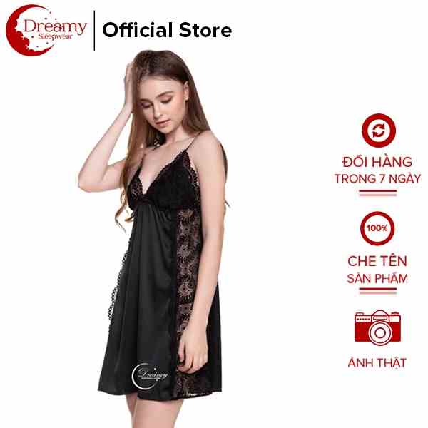 [Mã BMLTA35 giảm đến 35K đơn 99K] Váy ngủ sexy hai dây vải lụa cao cấp đồ ngủ nữ dáng xòe phối ren 2 hông Dreamy VX08