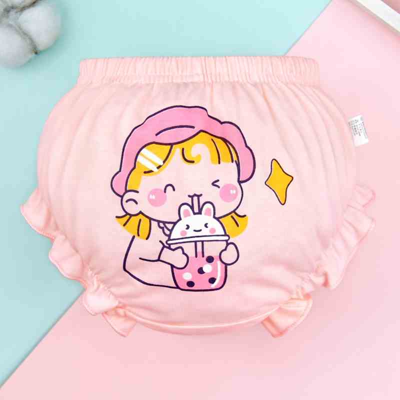 Quần bánh mì lót cotton LUCKY BIG CAT trơn màu đính nơ cho trẻ em gái 0-3 tuổi