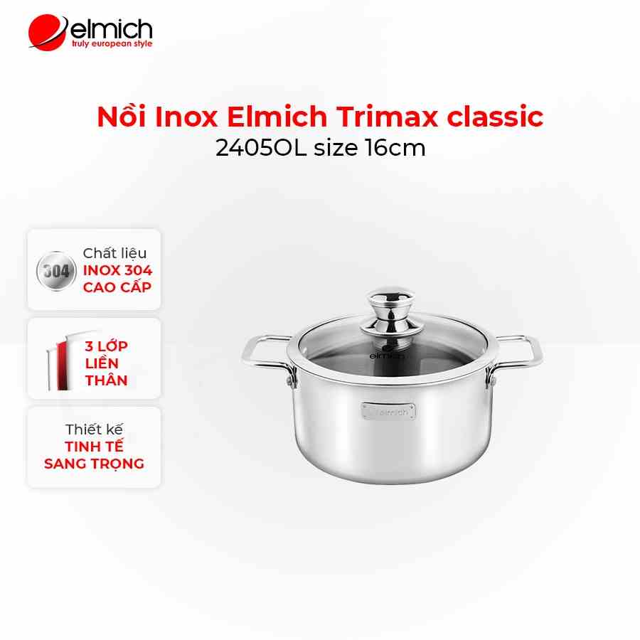 [LIFEMCMBP4 -12% đơn 250K] Nồi Inox 3 lớp đáy liền Elmich Trimax classic 2405OL size 16cm