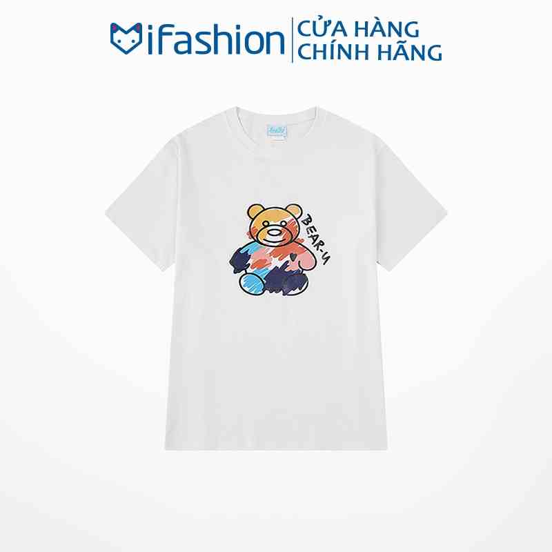 Áo thun tay lỡ iFashion 100% cotton dáng unisex form rộng in hình con gấu bear N014