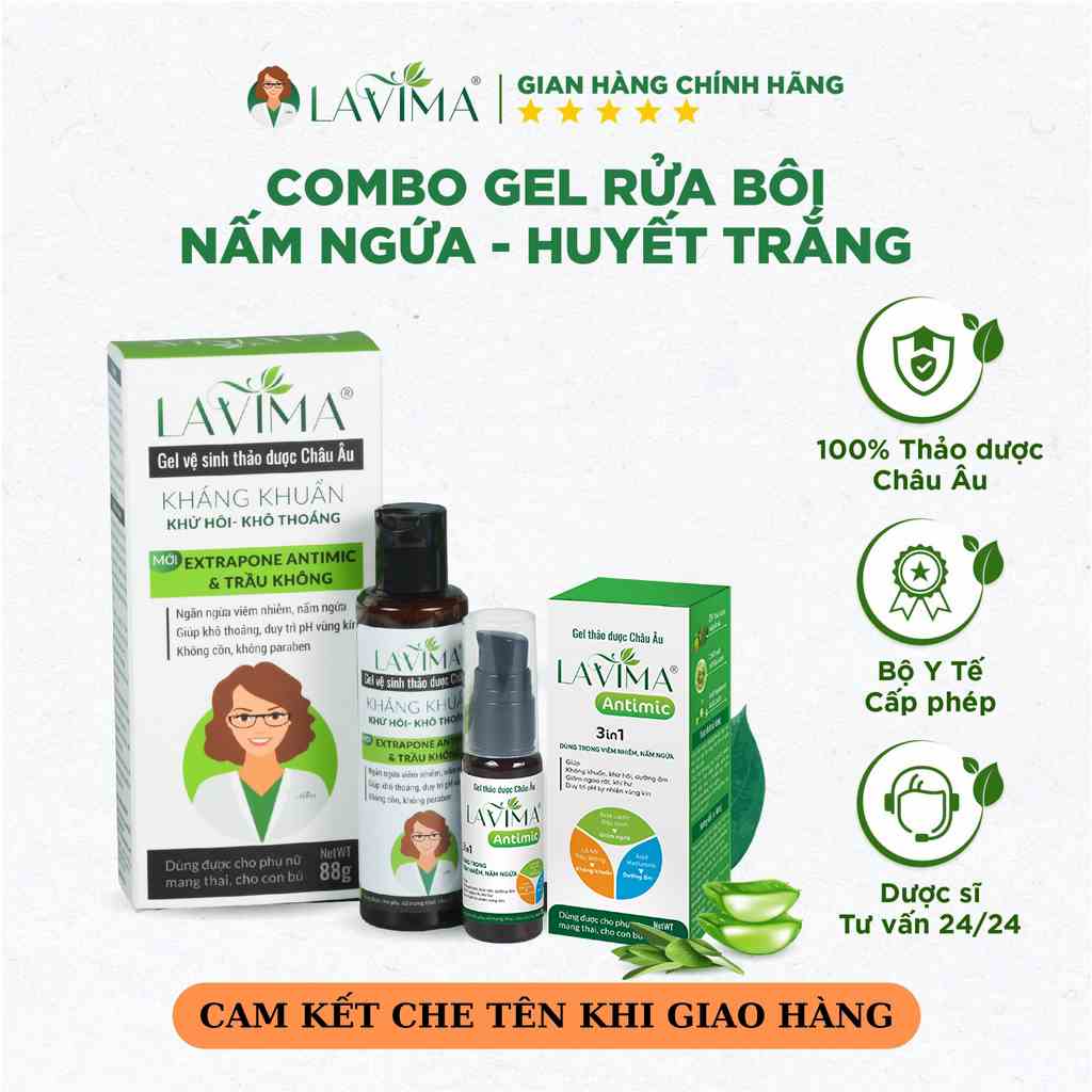 Bộ Gel Phụ Khoa (Rửa+ Bôi) Thảo Dược Châu Âu LAVIMA- Huyết Trắng, Nấm Ngứa, Lộ Tuyến