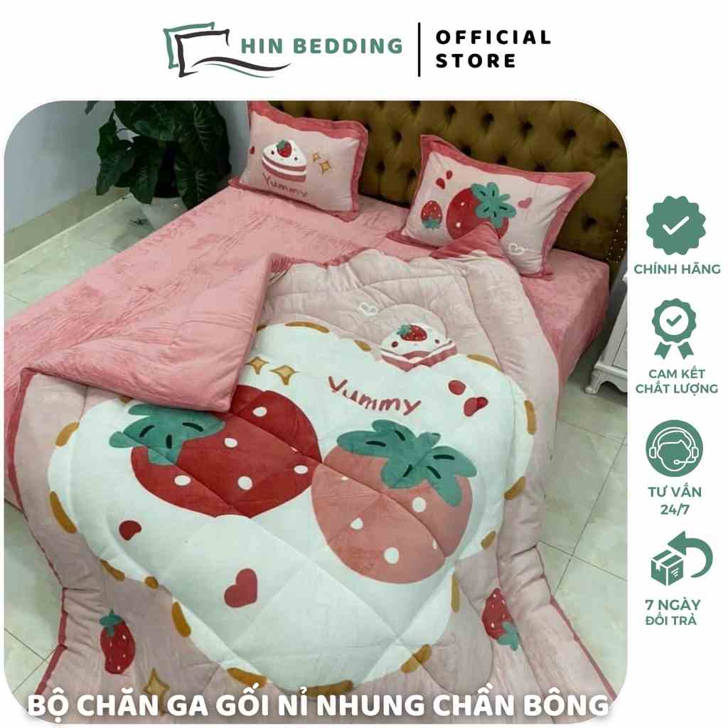 Bộ Chăn Ga Gối Nỉ Nhung 3D HIN BEDDING Chăn Chần Bông Nhập Khẩu Hàng Cao Cấp Bo Chun Miễn Phí (Chát chọn mẫu)