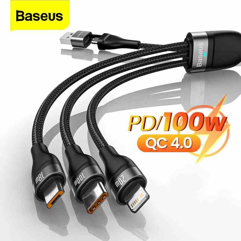 Dây Cáp Sạc Baseus 100W 3 Trong 1 Cho iPhone 14 13 12 Pro Macbook Pro Samsung Xiaomi