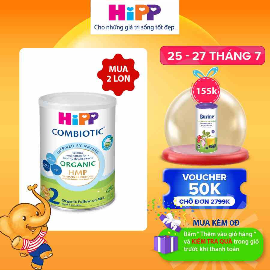 Sữa bột công thức HiPP 2 Organic Combiotic 350g bổ sung Omega 3 (DHA & ALA)