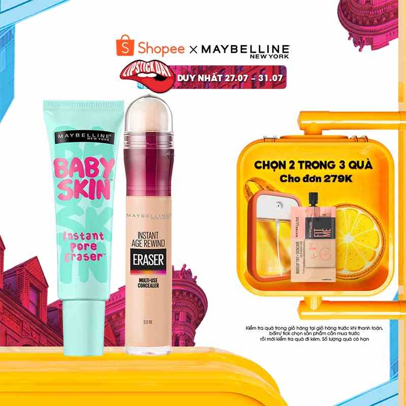 [Bộ trang điểm] Kem lót mịn da Baby Skin Primer 22ml  + Bút cushion Instant Age Rewind 6ml Maybelline New York