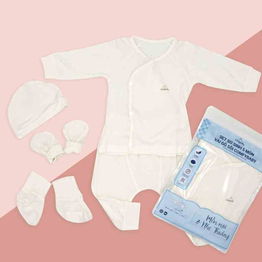 Set quần áo sơ sinh dài tay cho bé newborn 5 món (quấn, áo, bao tay, chân, mũ) chất Modal sợi cây sồi siêu mềm Comfybaby