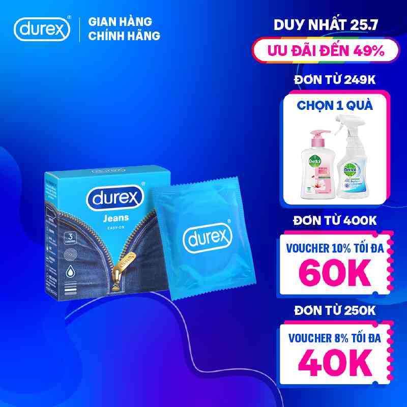 Bao cao su Durex Jeans cơ bản, bôi trơn, size 52.5mm, hộp 3 bao