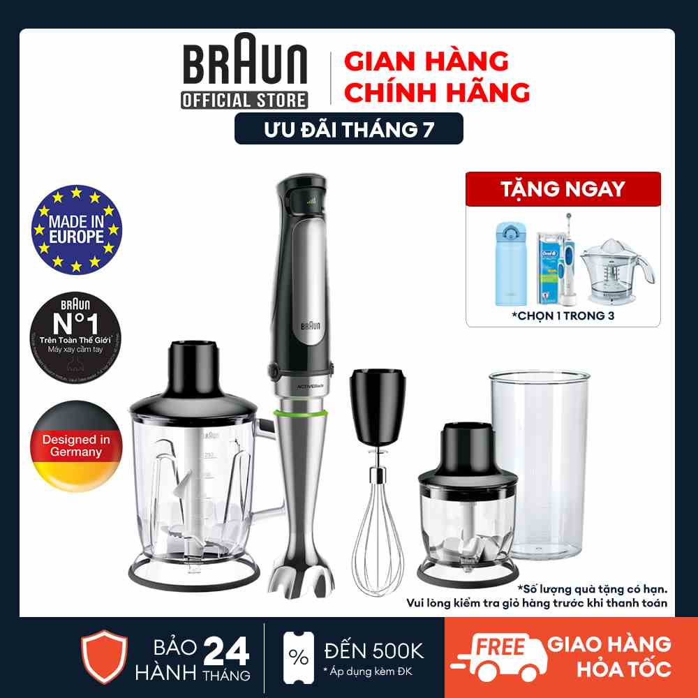 Máy xay cầm tay  Braun Sản xuất 100% tại Châu Âu Số 1 thế giới, Công suất 1000w, chống văng độc quyền, bảo hành 24 thang