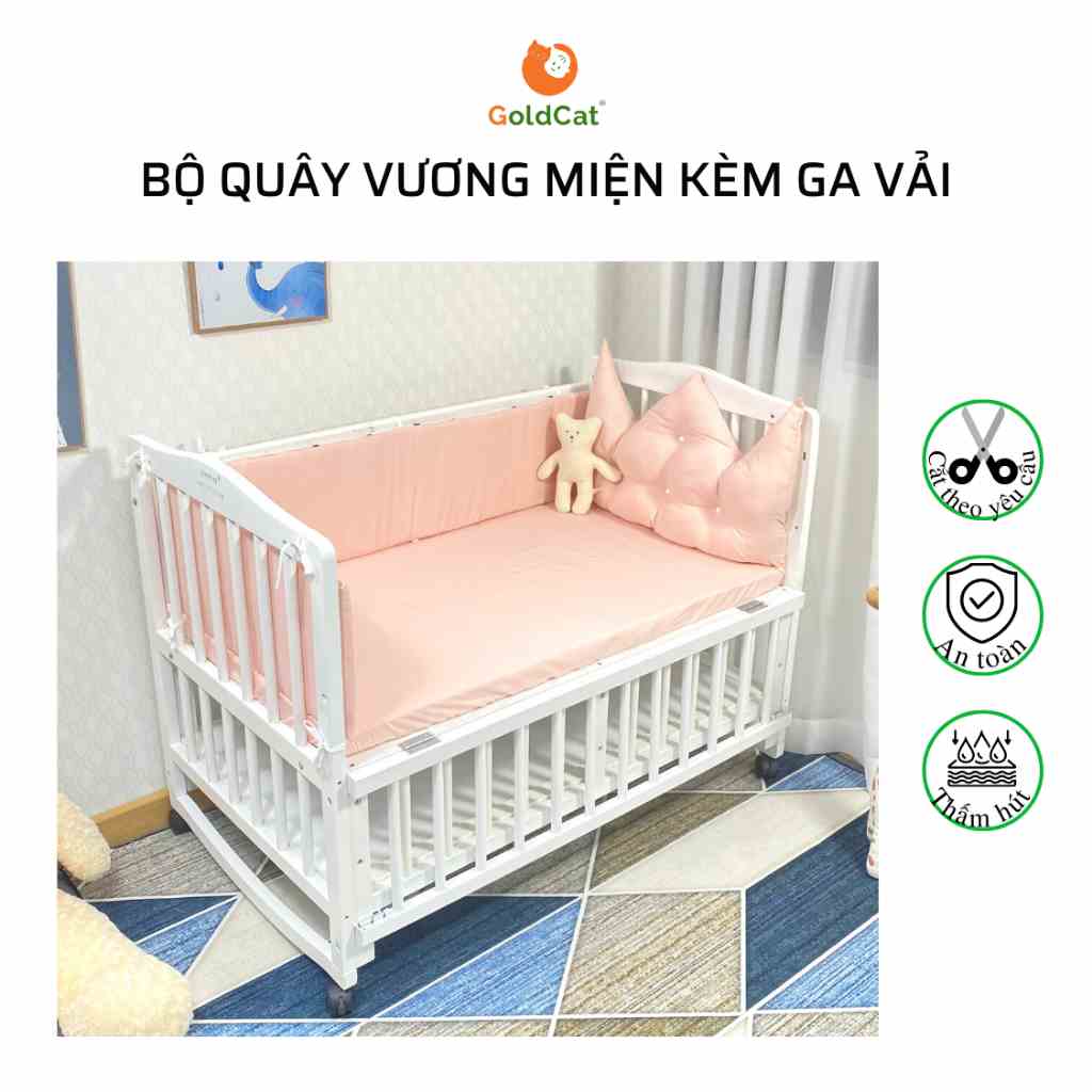 Bộ Quây Cũi Cho Bé Kèm Ga GOLDCAT QDVM Thiết Kế 1 Đầu Vương Miện, Chất Vải Thô Lụa Dùng Cho Mọi Loại Cũi