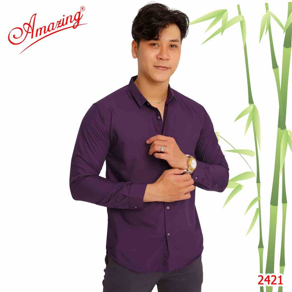 Áo sơ mi nam màu tím nho, phong cách Hàn Quốc, chuẩn form body slim fit, không túi, vải Bamboo, Amazing