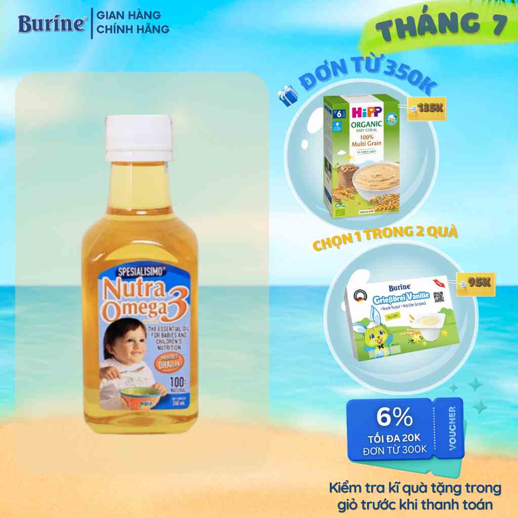 Dầu cá ăn dặm Burine Nutra Omega 3 - Nhập khẩu từ Chi lê 240ml bổ sung DHA & EPA cho trẻ từ 7 tháng tuổi