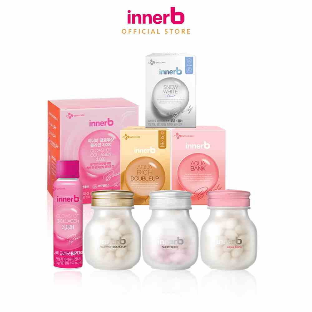 Combo InnerB Aqua Rich Doubleup, InnerB Snow White, InnerB Aqua Bank và Nước uống Collagen InnerB Glowshot