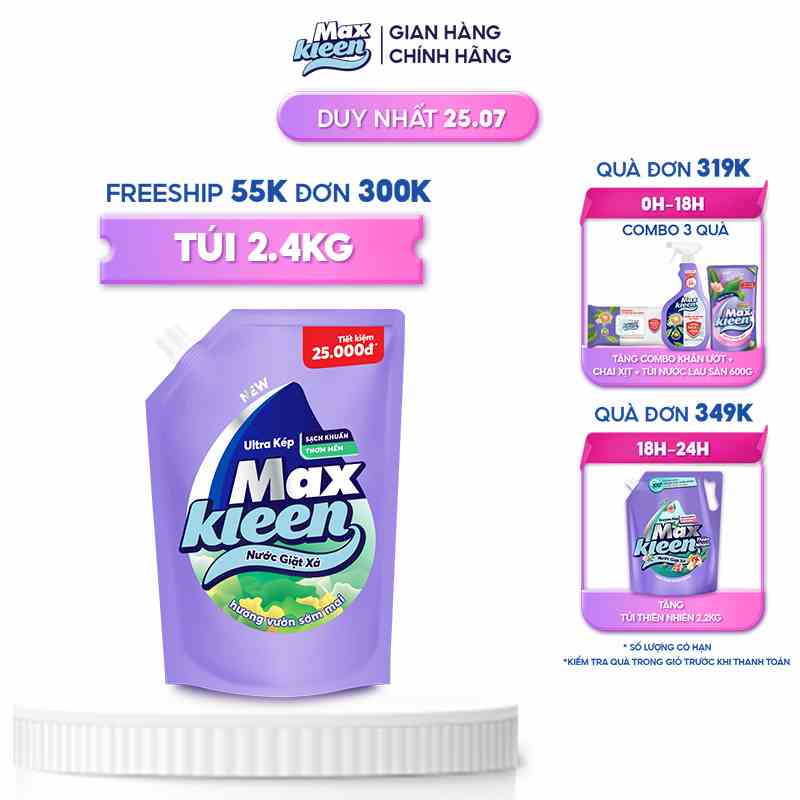 Túi Nước Giặt Xả MaxKleen Hương Vườn Sớm Mai 2,4kg