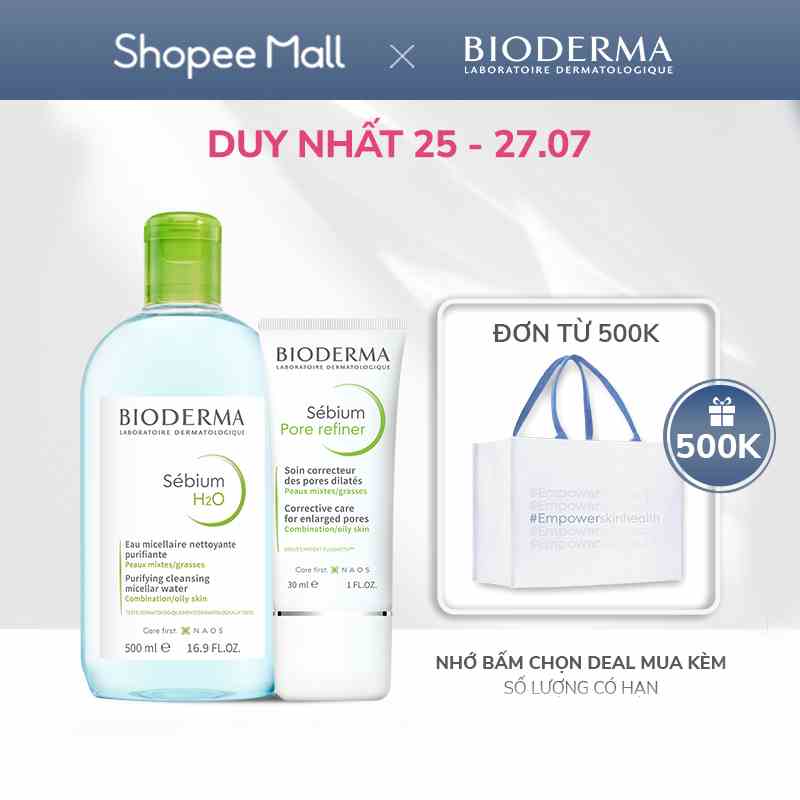 Bộ đôi làm sạch micellar cho da hỗn hợp và da dầu Bioderma Sebium H2O 500ml và kem dưỡng se lỗ chân lông 30ml