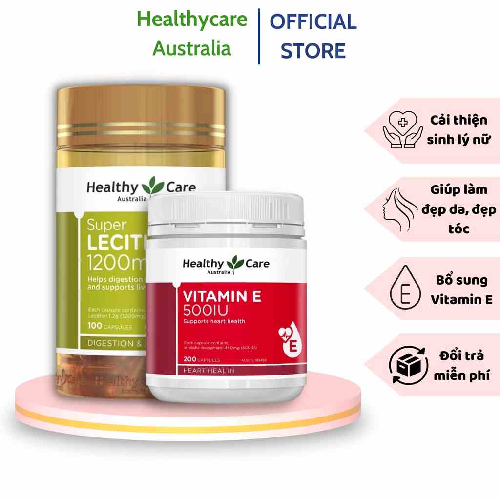 Combo Mầm đậu nành Úc Super Lecithin 1200mg & Viên uống Vitamin E Healthy Care 500IU thực phẩm chức năng đẹp da