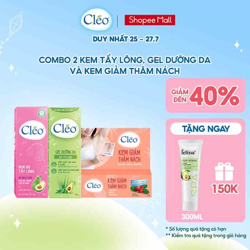 Combo Kem Giảm Thâm Nách Cléo 35g, Kem Tẩy lông Cléo cho Da Nhạy Cảm 50g và Gel dịu da chậm mọc lông Cléo 50g