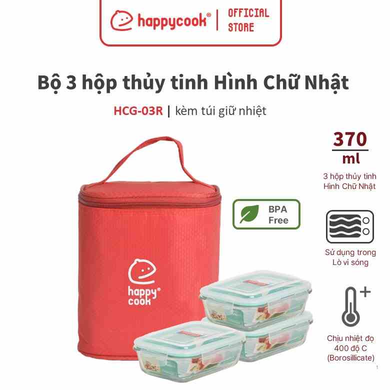 Bộ 3 Hộp Thủy Tinh Chữ Nhật Happy Cook 370ml + Túi Giữ Nhiệt HCG-03R