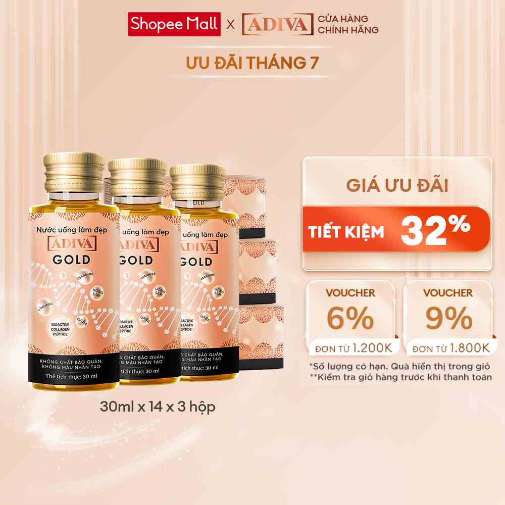 Combo 3 Hộp Nước Uống Làm Đẹp Collagen ADIVA Gold (14 Chai/Hộp)