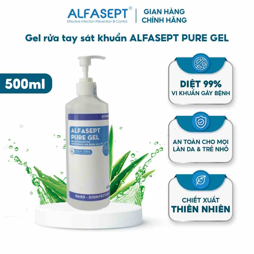 Dung Dịch Rửa Tay Khô ALFASEPT Pure Gel Phù Hợp Với Da Nhạy Cảm, Giúp Diệt Khuẩn, Tăng Cường Dưỡng Ẩm Lọ 500ml