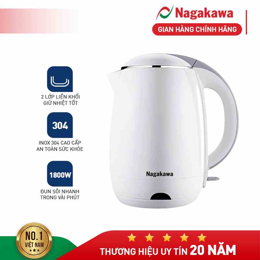 Ấm siêu tốc 1.8L Nagakawa NAG0314 (1800W) - Chức năng chống cạn nước - Bảo hành 12 tháng - Hàng chính hãng