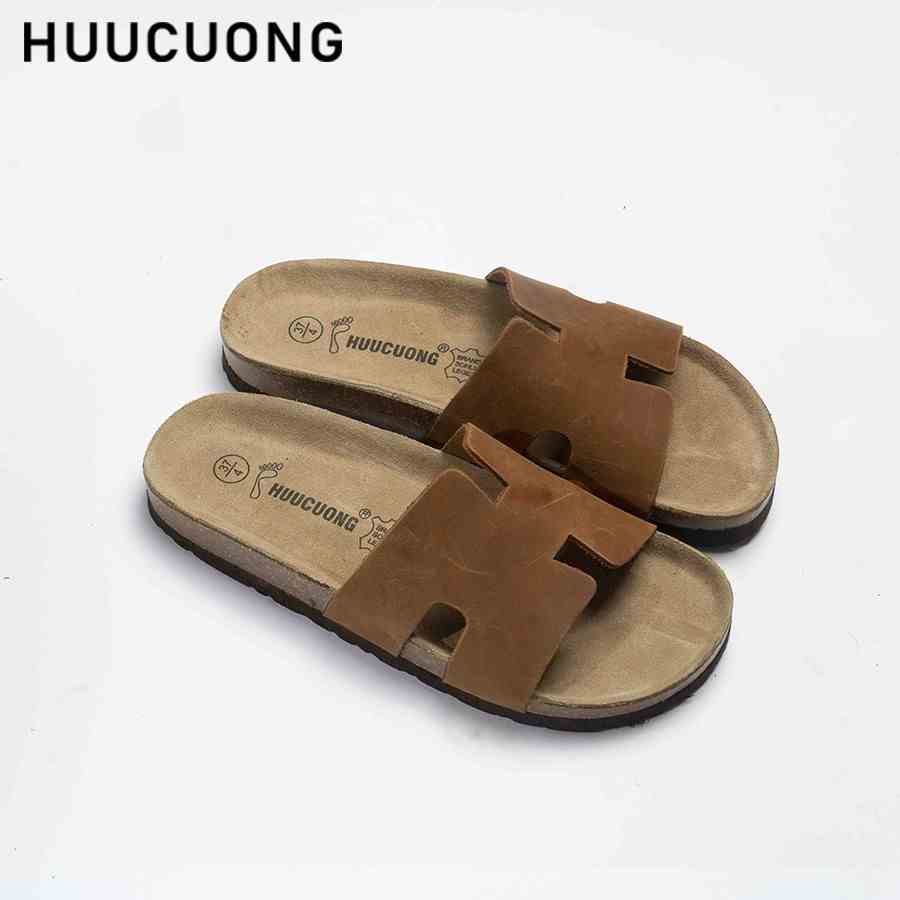 Dép unisex Huucuong chữ H da bò nâu đế trấu