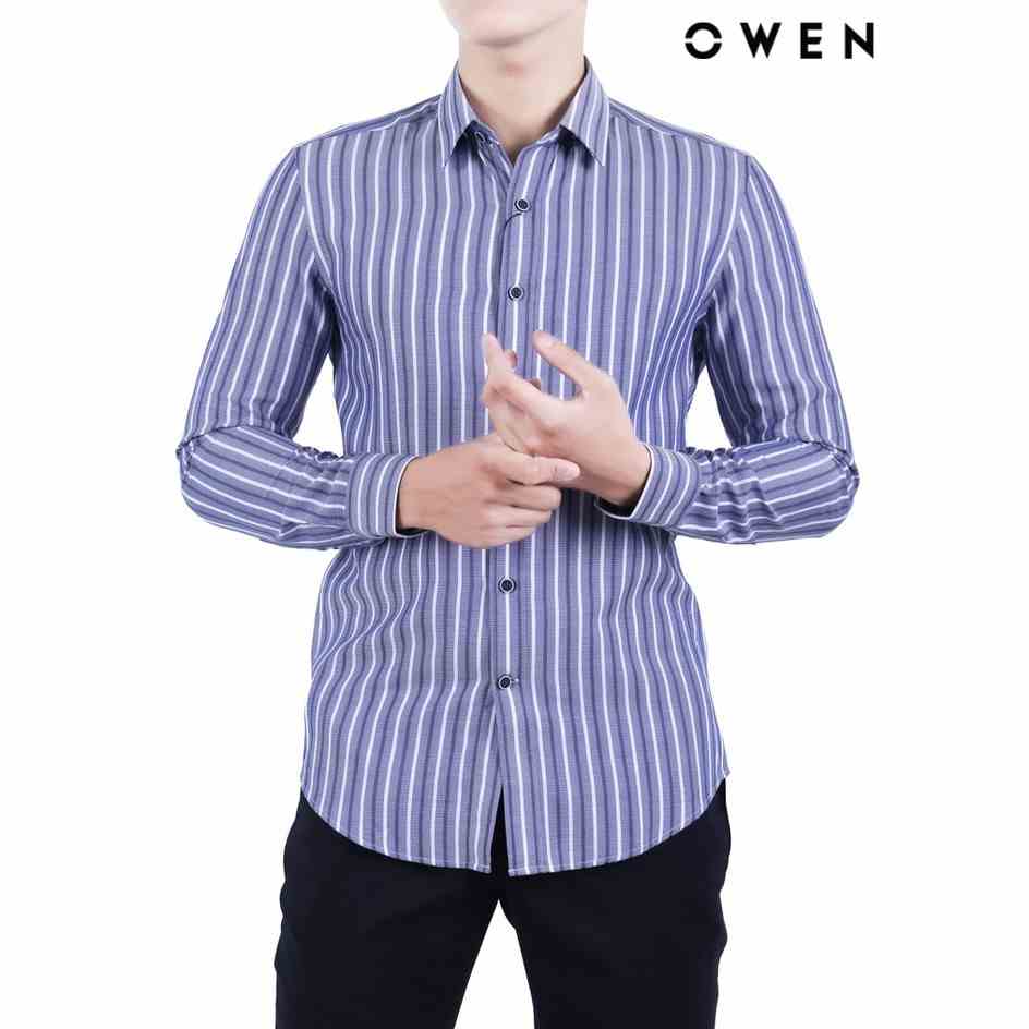 Áo sơ mi dài tay OWEN Bamboo Slimfit không túi màu xanh sọc - AS22248D