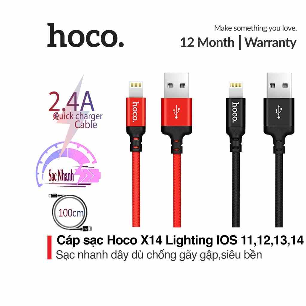 Cáp sạc nhanh 2.4A Hoco X14 dây dù siêu bền hỗ trợ truyền tải dữ liệu nhanh chóng dài 1m/2m cho IP/tablet táo