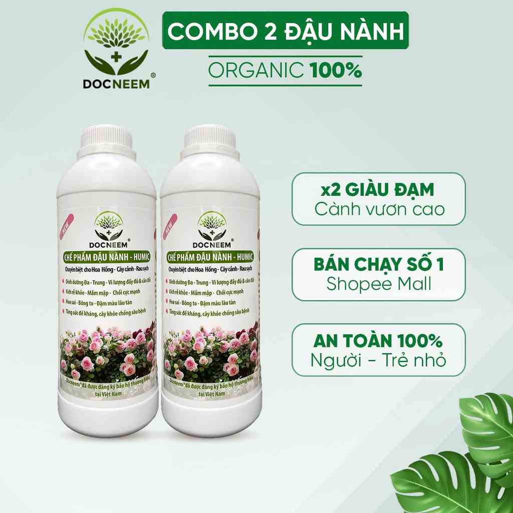 Phân bón đậu nành humic DOCNEEM hữu cơ, lên men, chuyên cho hoa hồng, phong lan 2 chai 1 lít