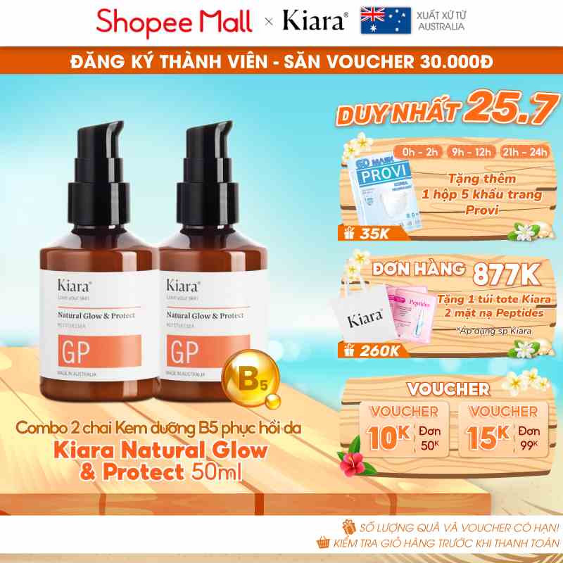 Combo 2 chai kem dưỡng ẩm B5 phục hồi da chống lão hóa Kiara Natural Glow & Protect 2 x 50ml