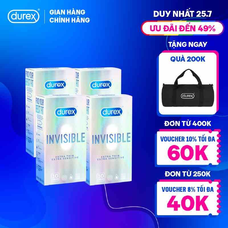 Bộ 4 hộp bao cao su Durex Invisible siêu mỏng, size 52mm, 10 bao/hộp