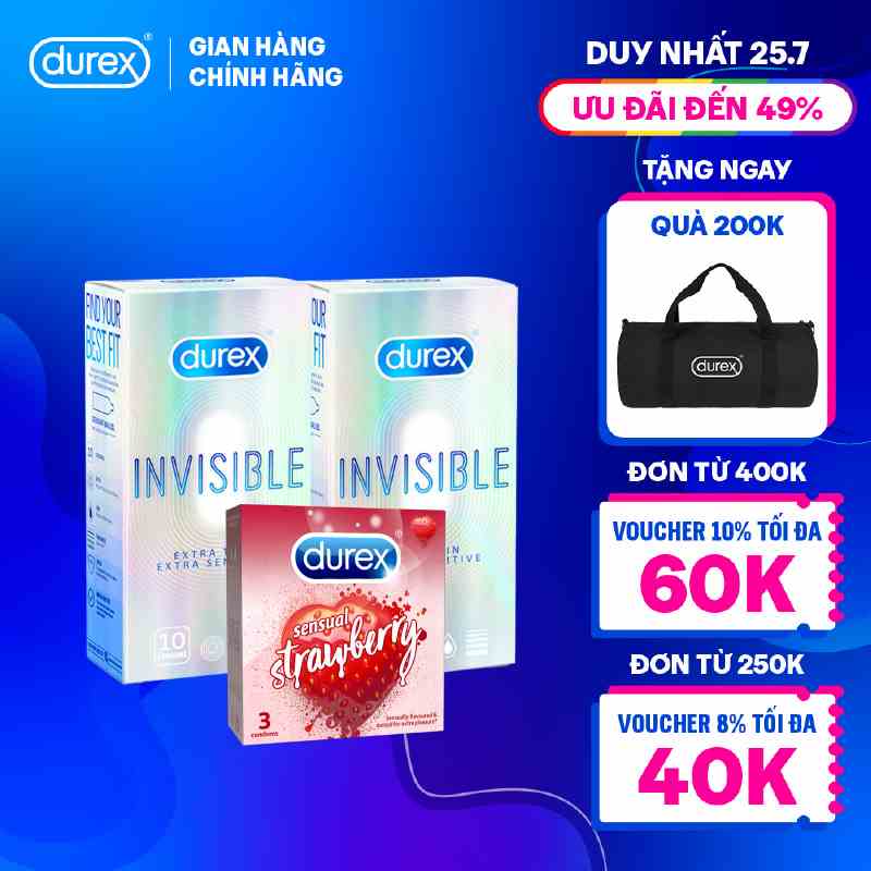 Bộ 2 hộp bao cao su Durex Invisible siêu mỏng (52mm, hộp 10 bao)+ 1 Durex Sensual Strawberry hương dâu (52mm, hộp 3 bao)