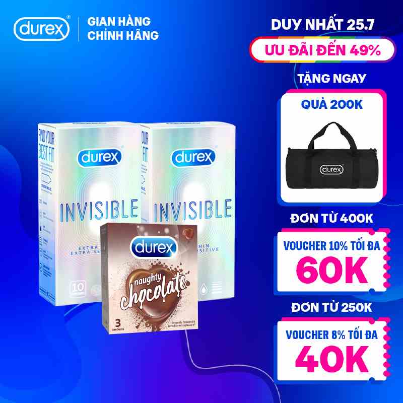 Bộ 2 hộp bao cao su Durex Invisible siêu mỏng (52mm, 10 bao/hộp)+ 1 Durex Naughty Chocolate hương choco (52mm,3 bao/hộp)