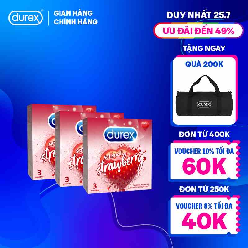 Bộ 3 hộp bao cao su Durex Sensual Strawberry hương dâu (size 53mm, 3 bao/hộp)