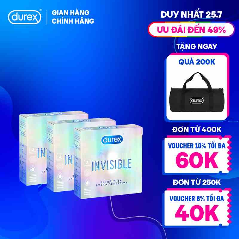 Bộ 3 bao cao su Durex Invisible siêu mỏng (size 52mm, 3 bao/hộp)