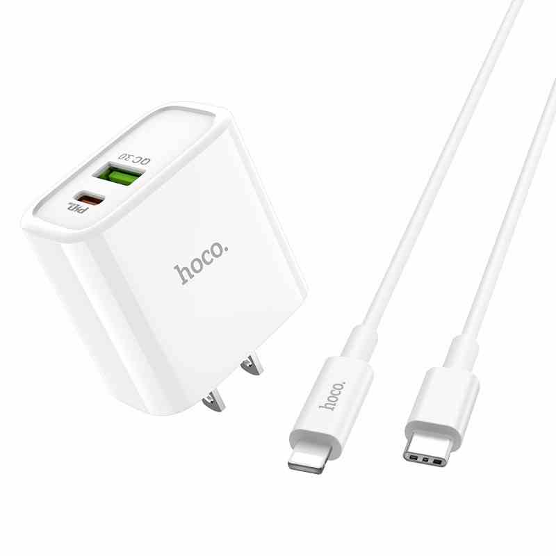 Bộ sạc Hoco C80 và cáp PD 20W Lightning  , 2 cổng sạc USB và Type-C (PD), chuẩn PD3.0, sạc nhanh 3A, công suất 20W