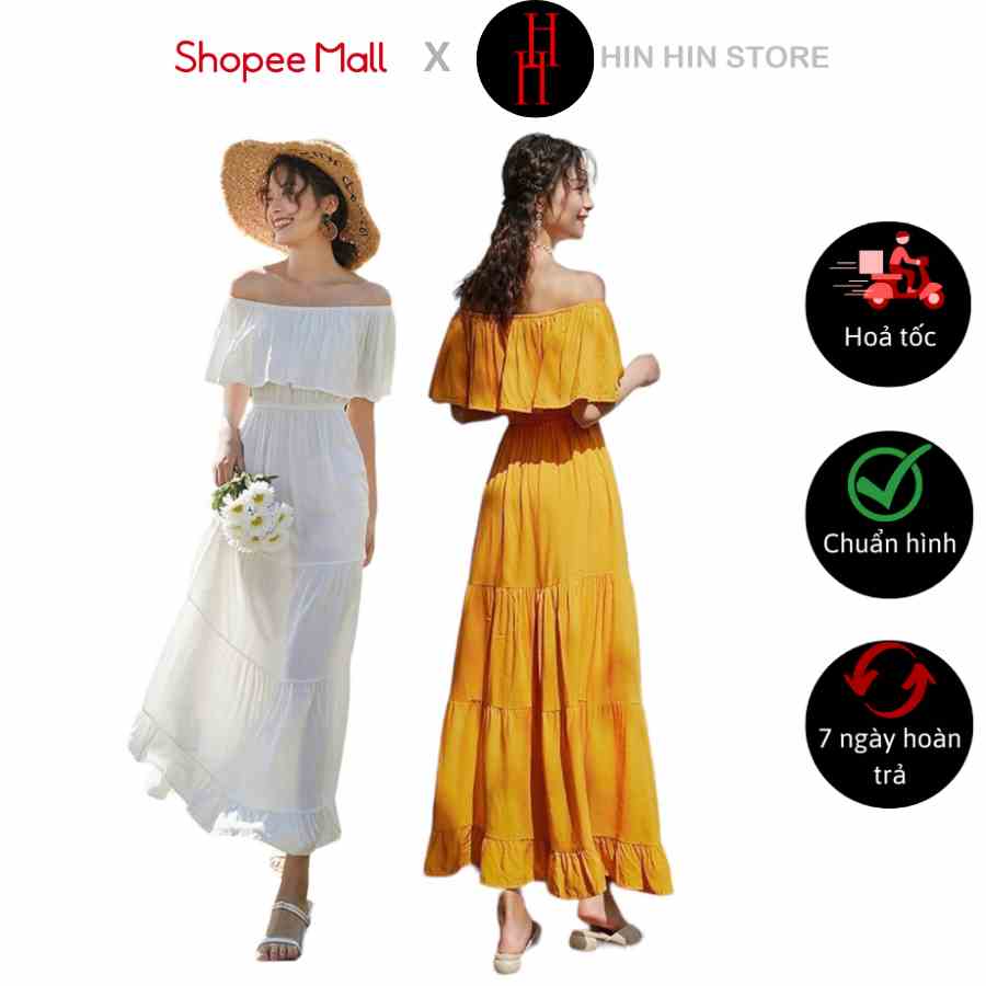 [Mã BMLTB35 giảm đến 35K đơn 99K] Đầm maxi trễ vai basic màu vàng & trắng HDC53 Hỉn Hỉn Store