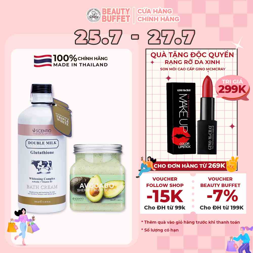 Combo sữa tắm trắng da Double Milk 350ml và Tẩy tế bào chết body làm sáng mịn da Scentio Avocado 350ml