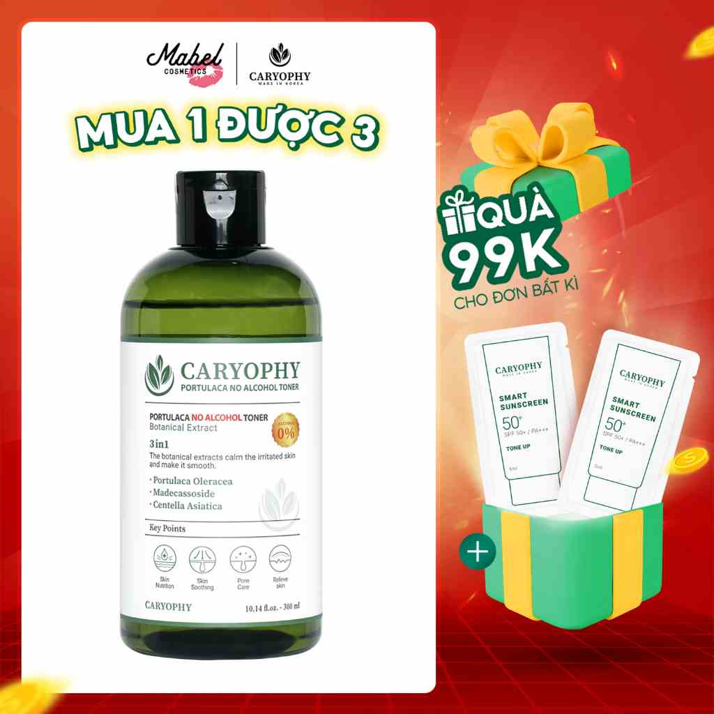 Toner không cồn Caryophy Portulaca ngừa mụn kiềm dầu giảm thâm 300ml