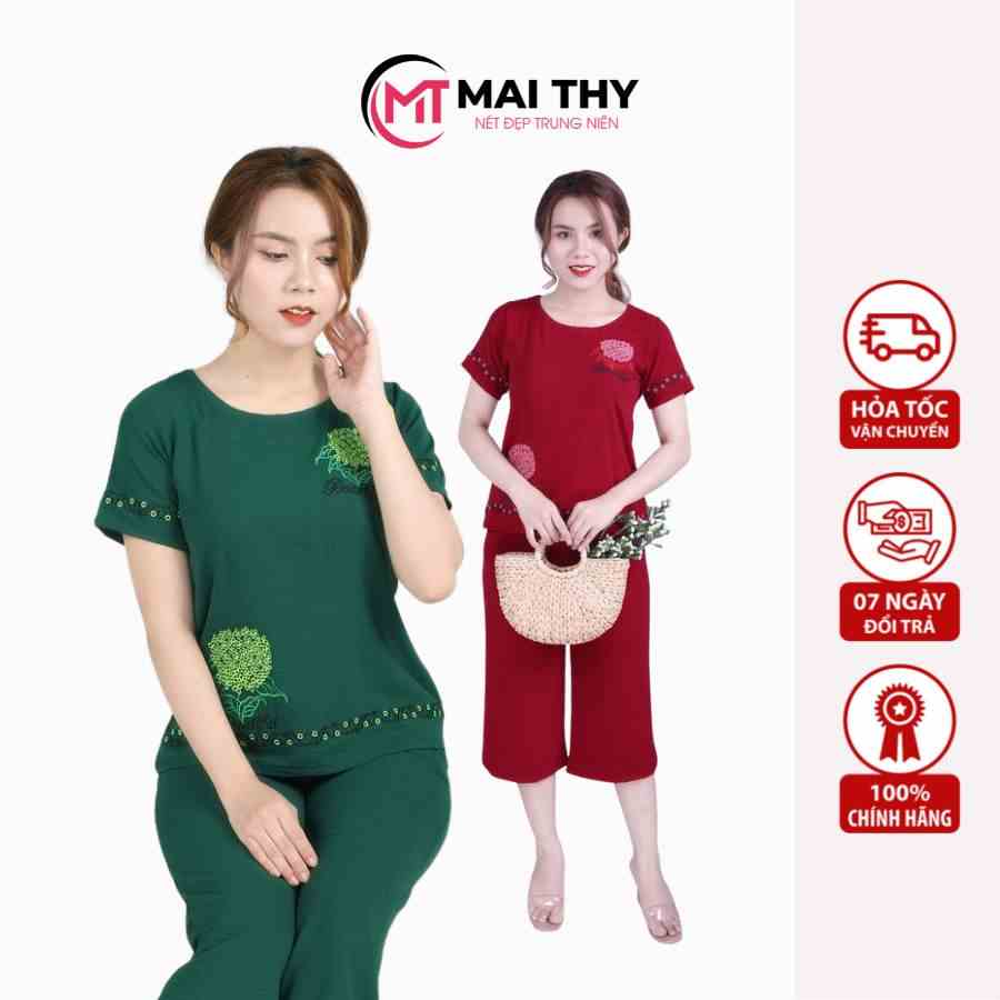 Đồ Mặc Nhà S820, Bộ Lửng Trung Niên Nữ Cho Mẹ Mặc Nhà Cổ Tròn Chất Đũi Thêu Hoa Mềm Mịn Mát | Thời Trang Trung Niên U40+