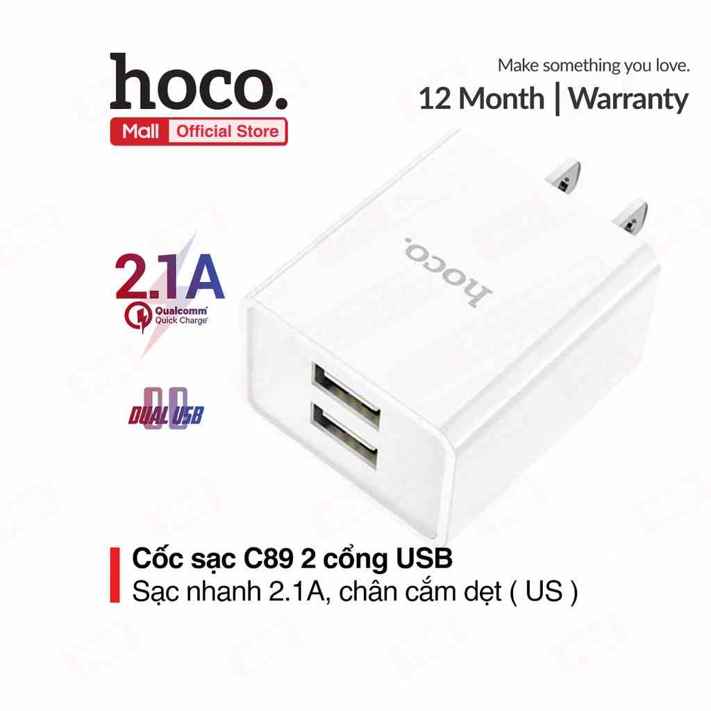 Củ sạc Hoco C89 2 cổng USB, sạc nhanh 2.1A Max, thích hợp với nhiều dòng điện thoại, chân cắm tiêu chuẩn US