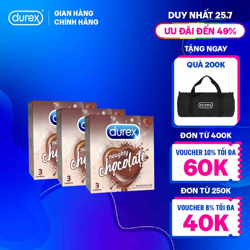 Bộ 3 Bao cao su Durex Naughty Chocolate hương socola (3 bao/hộp)