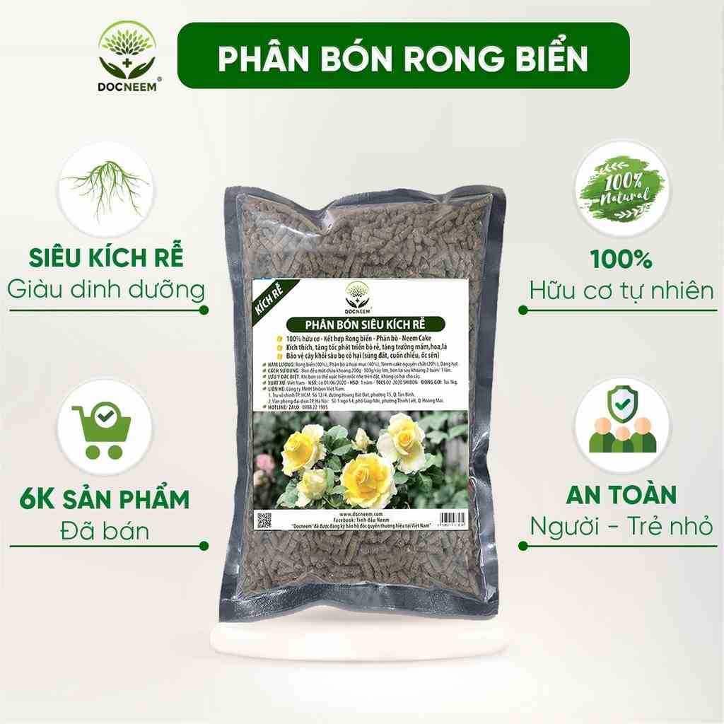 Phân bón hữu cơ rong biển DOCNEEM túi 1kg, kết hợp neem cake kích rễ mầm lá, cho Hoa hồng, phong lan, cây cảnh, rau sạch