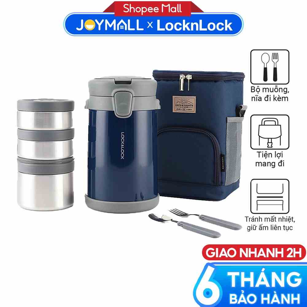 Bộ hộp cơm giữ nhiệt Lock&Lock Easy Carry 2 Lít LHC8039 có túi gồm 3 hộp kèm 1 bộ muỗng nĩa, hàng chính hãng - JoyMall